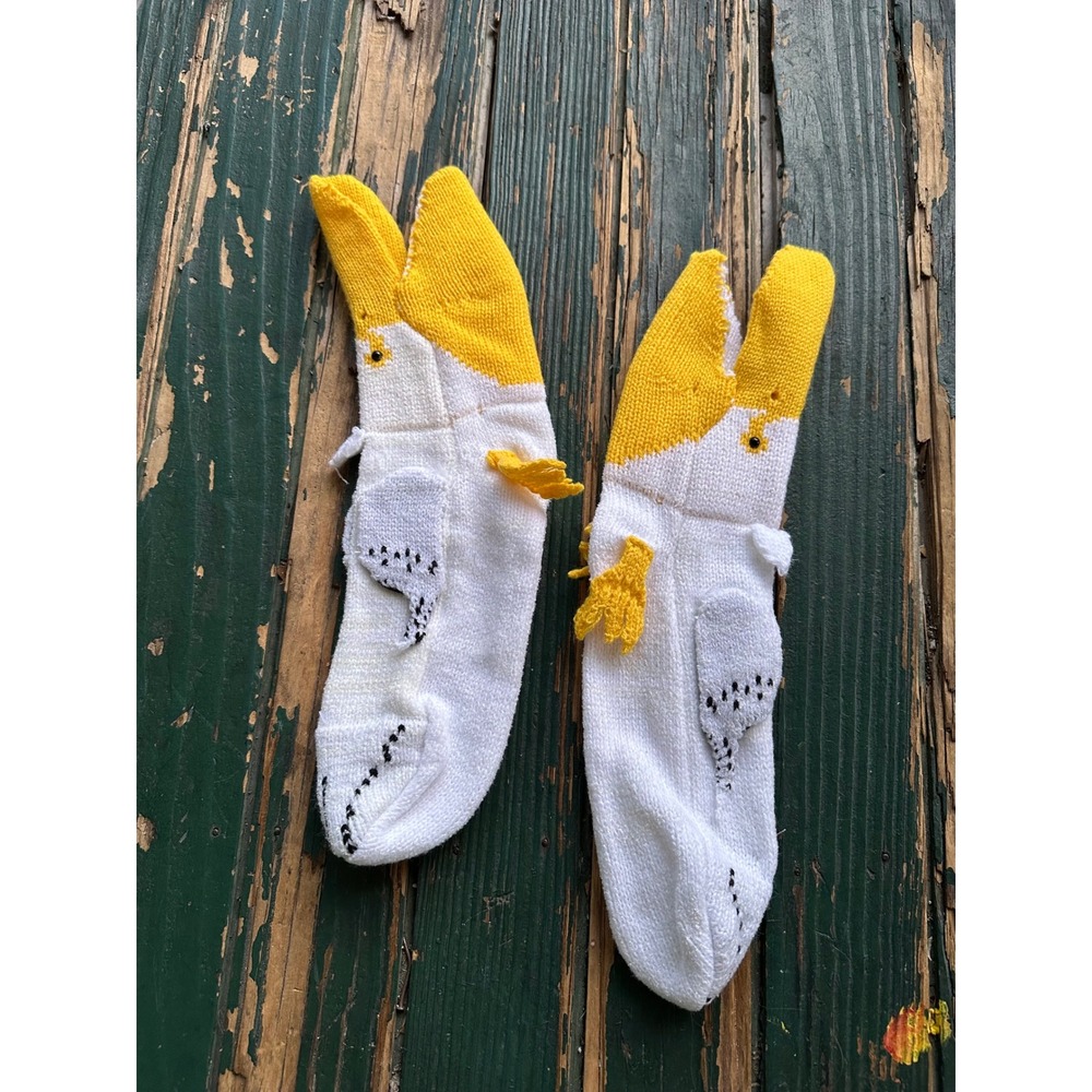 Novelty Cockatiel Bird Knit Socks White Yellow 3D Wing Crest Animal Crew Socks